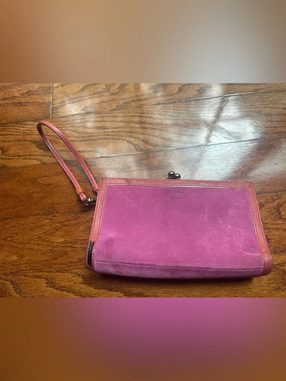 Coach Magenta Suede Wristlet Clutch with Leather Trim